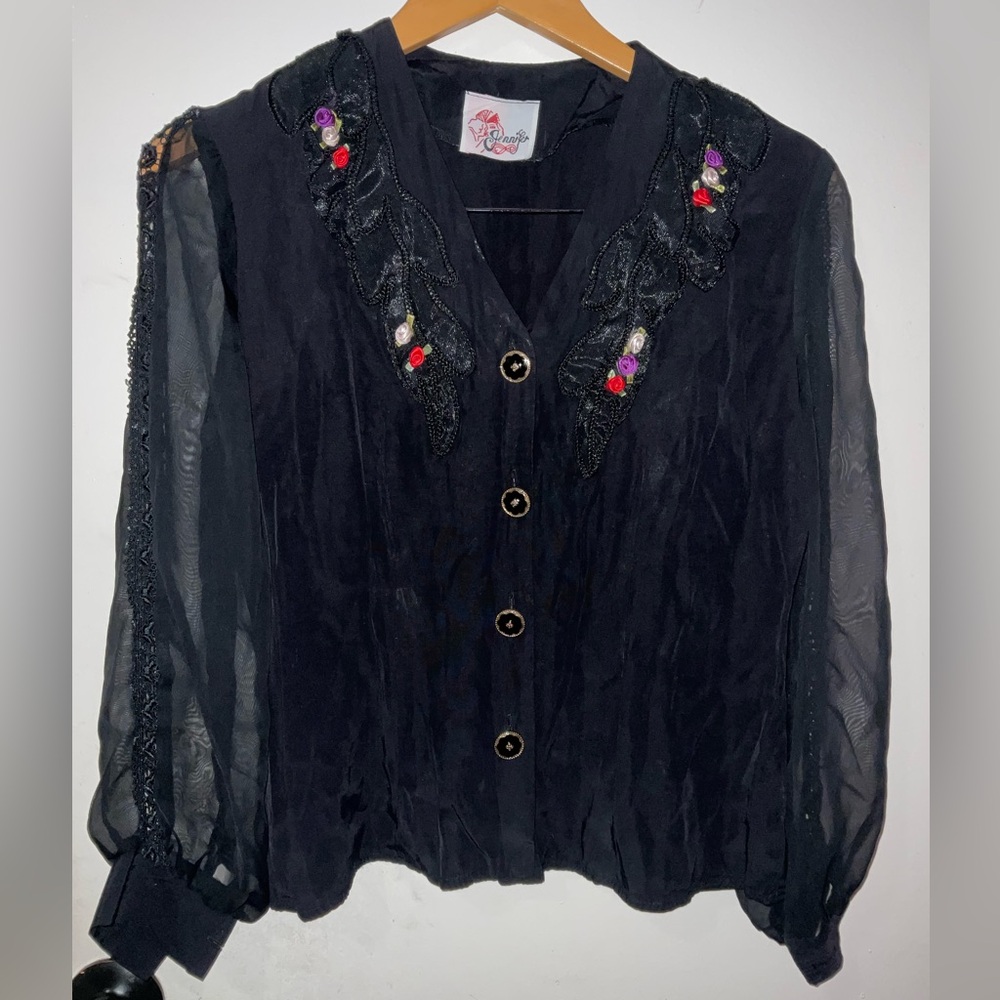 Jennifer women’s Black Sheer Blouse with Embroidered Details